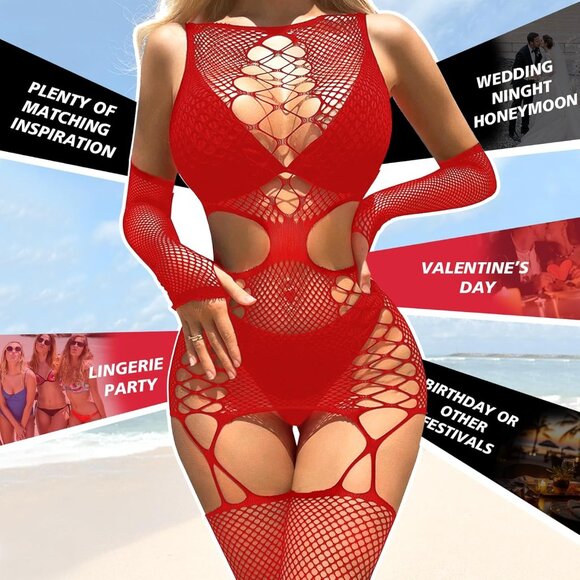 Seductive Red Fishnet Lingerie Set for Women - Plus Size Teddy Bodysuit - Picture 6 of 6